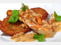 Chicken Steak with Egg Mushroom and Cream Sauce, Our Home-Made Potato Pancakes