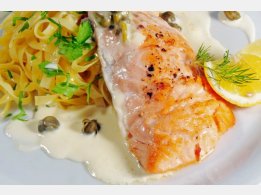 Grilled Salmon with Caper Sauce, Italian Pasta
