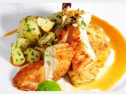 Roast Chicken Breast with Bun Stuffing with Almonds and Parsley Potatoes