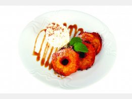 Fried Apple in Wine-Batter Coat  with Caramel and Whipped Cream